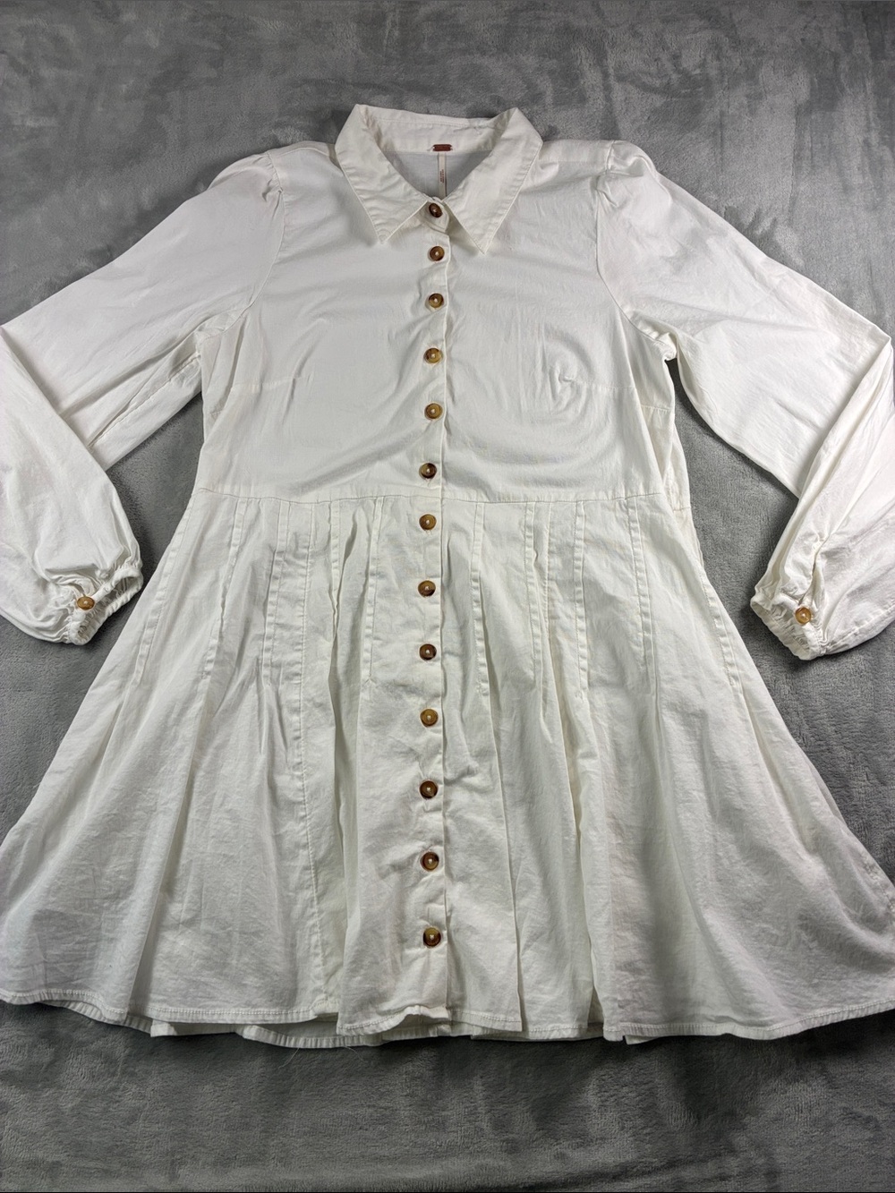 Free People White Button Front Pleated Shirt Dress Long Sleeve Size Medium